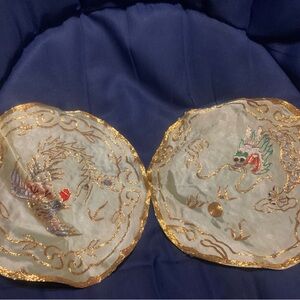 Pair of Vintage Chinese Silk Embroidered Panels Round Unframed